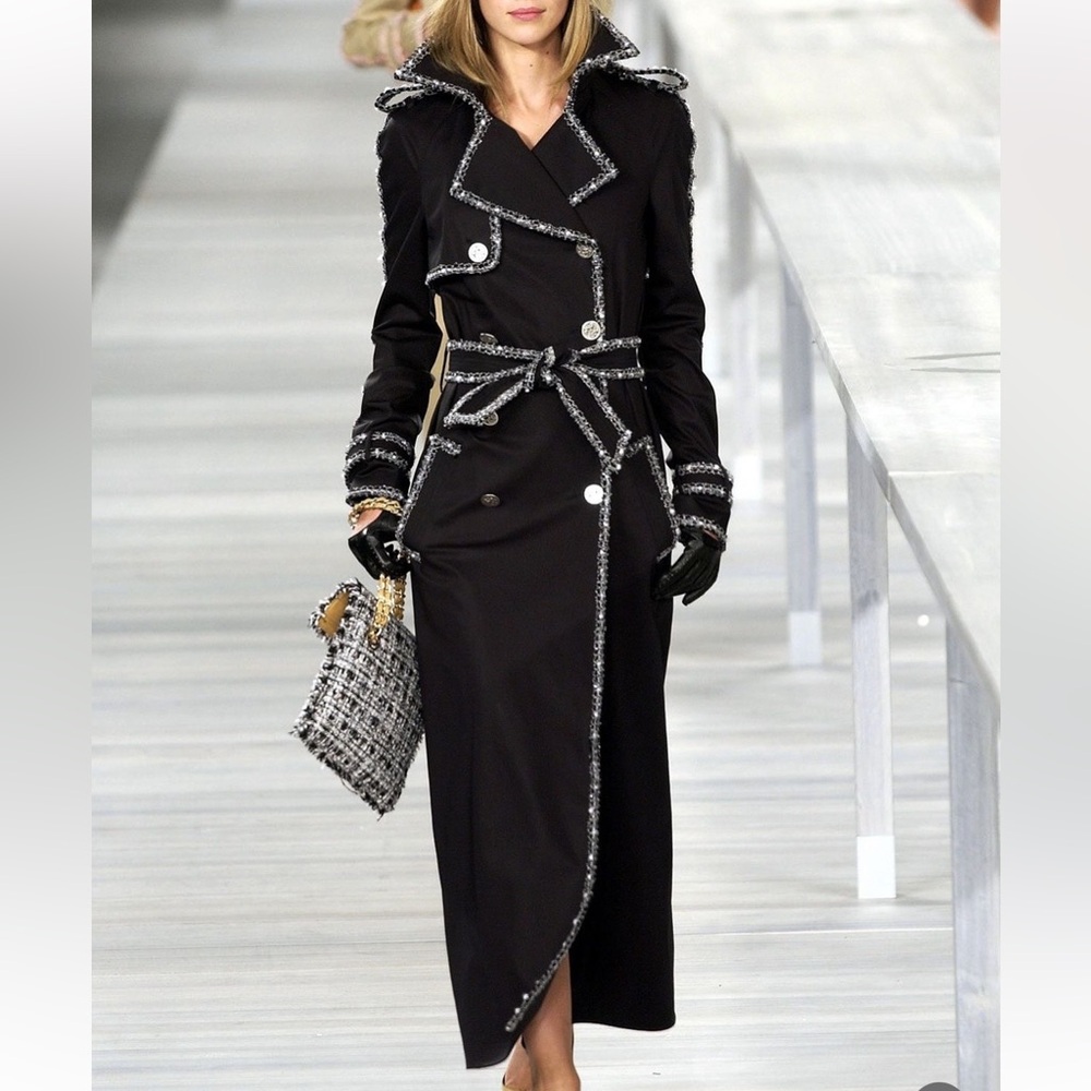 Chanel Rare Vintage 2004 Trench Coat with Tweed and Beaded Trim